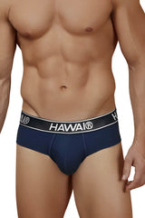Navy blue Hawai brand cotton blend briefs with a black waistband featuring white lettering and logo