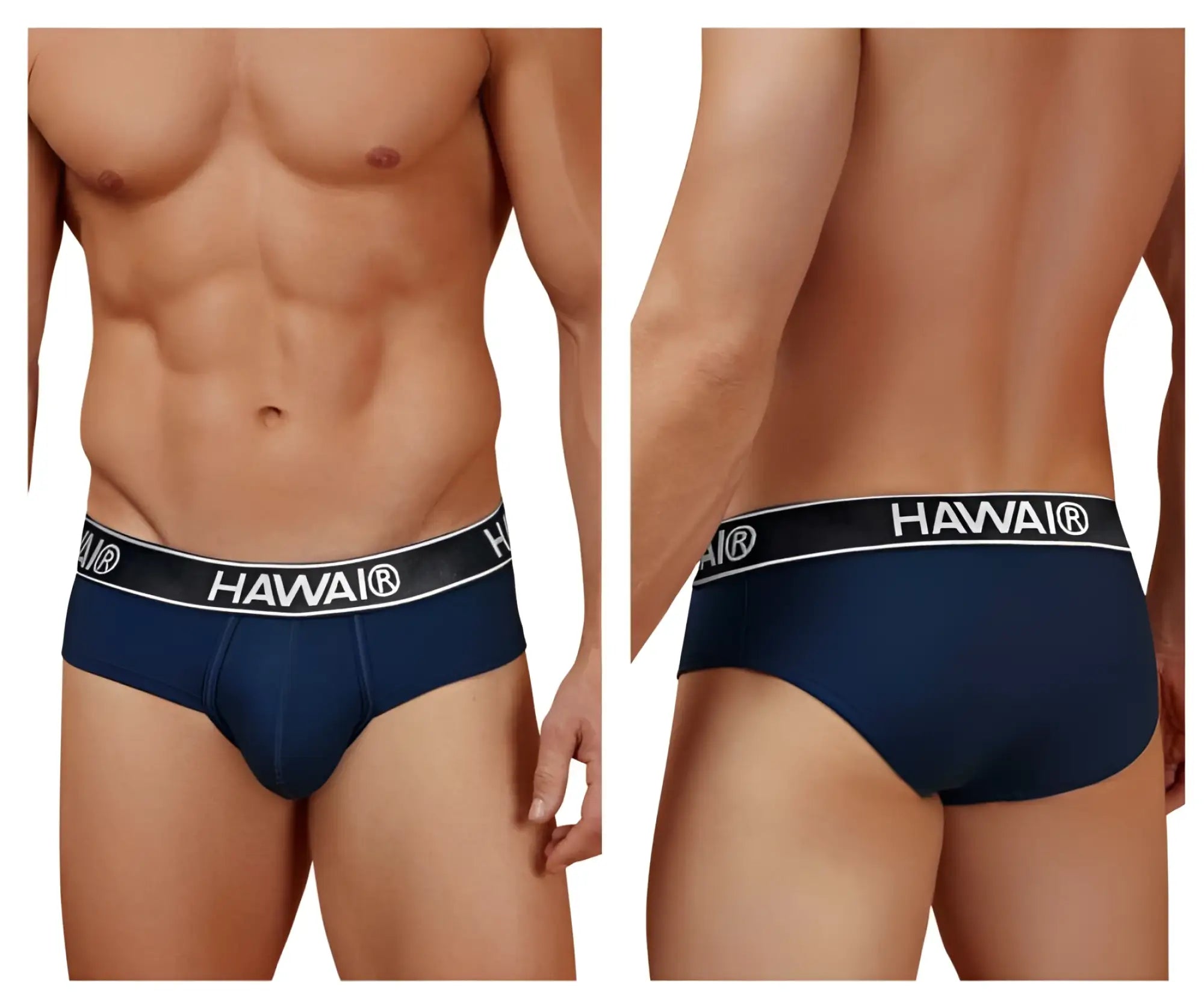 Navy blue hawai cotton blend briefs with black waistband featuring white lettering in dark blue color model 41962