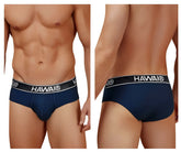 Navy blue hawai cotton blend briefs with black waistband featuring white lettering in dark blue color model 41962