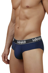 Navy blue hawai 41962 cotton blend briefs with black elastic waistband and white lettering front view