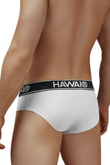 White havai cotton blend briefs in white with a black elastic waistband featuring the havai logo in white lettering