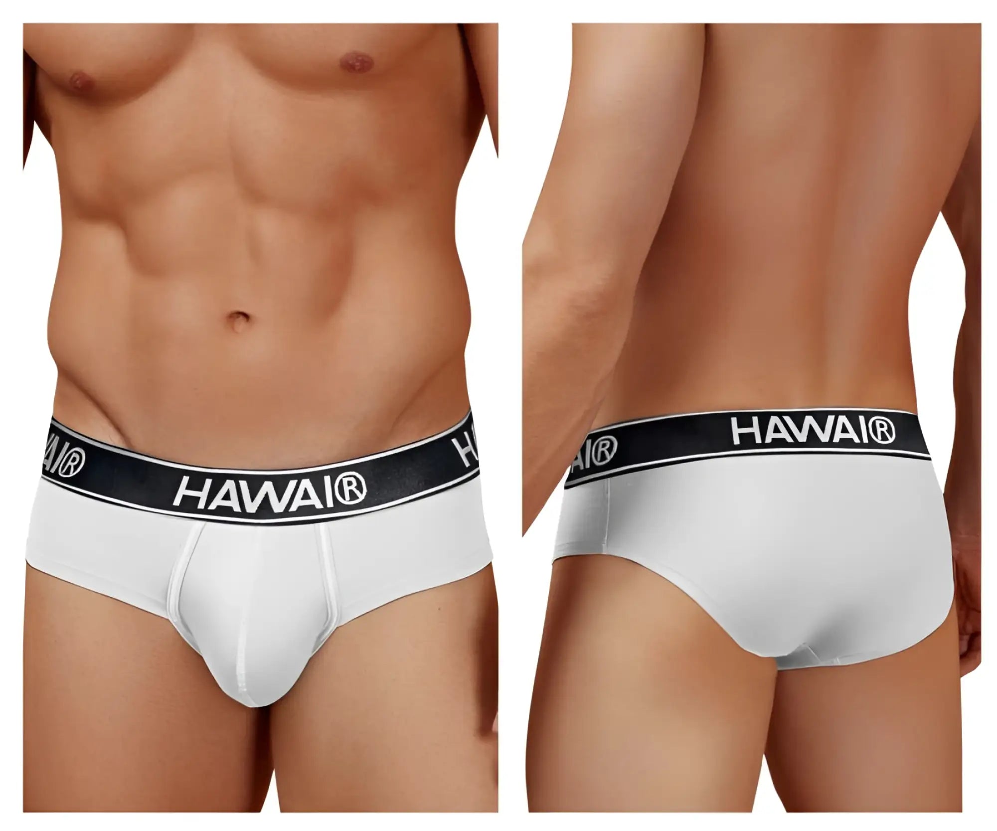 White havai cotton blend briefs with black elastic waistband featuring brand name in white lettering color white