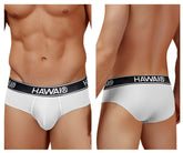White havai cotton blend briefs with black elastic waistband featuring brand name in white lettering color white
