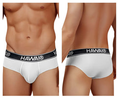 White havai cotton blend briefs with black elastic waistband featuring brand name in white lettering color white