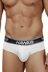 White Hawai cotton blend briefs in white with a black waistband featuring the brand name in white lettering