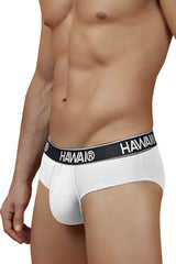 White hawaii brand cotton blend briefs with black waistband featuring white lettering color white 01