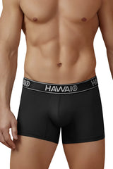 Black hawai microfiber black boxer briefs with a white logo waistband for comfortable everyday wear