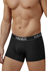 Black hawai men’s microfiber boxer briefs in black with gray waistband featuring white brand lettering