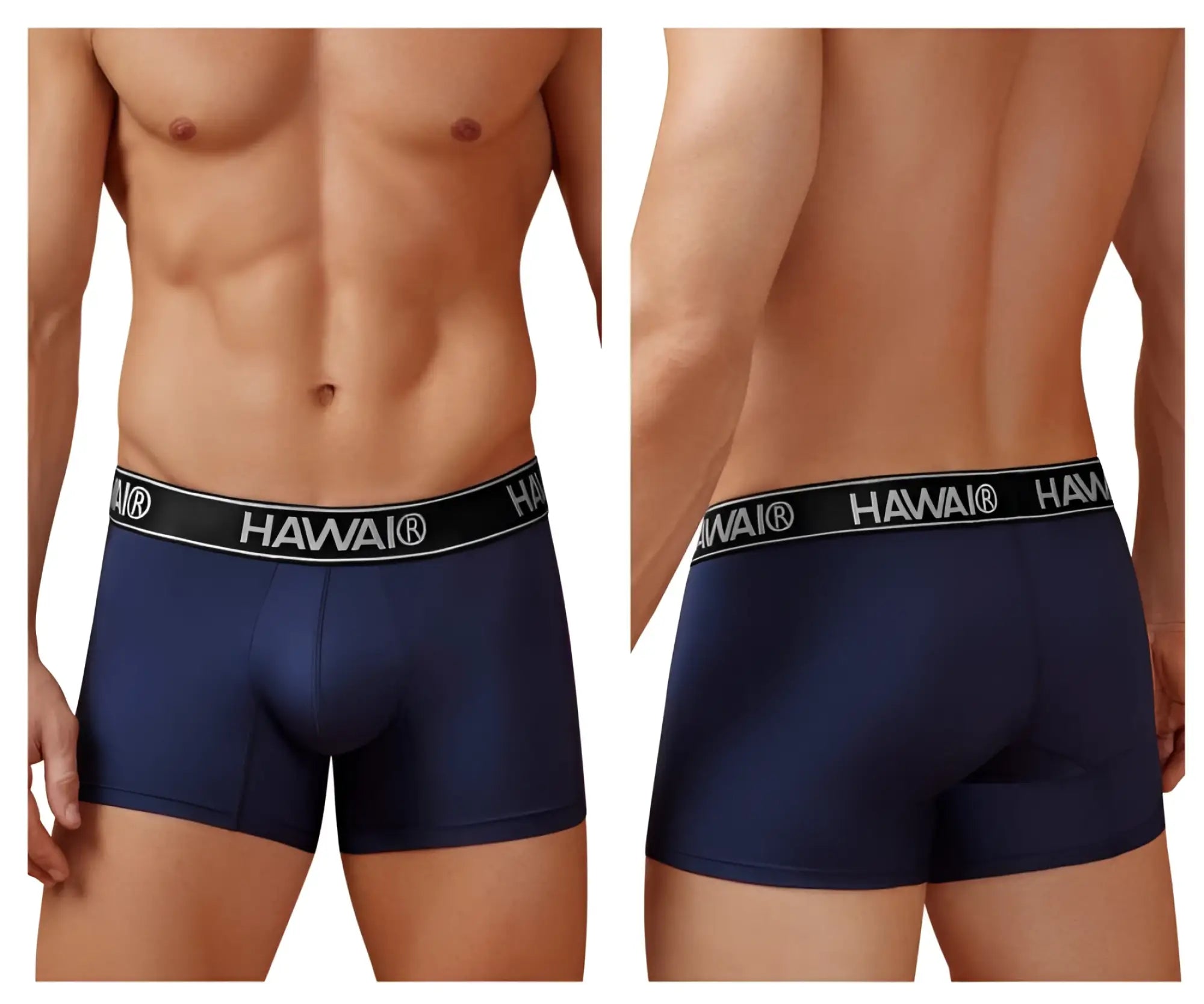 Navy blue Hawai 41977 microfiber men’s briefs with black elastic waistband featuring white lettering