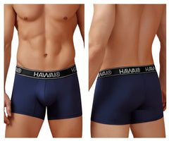 Navy blue Hawai 41977 microfiber men’s briefs with black elastic waistband featuring white lettering