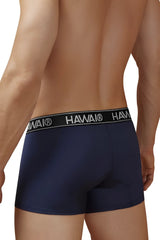 Navy blue hawaii brand microfiber briefs with black elastic waistband featuring white lettering front view
