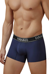 Navy blue microfiber men’s boxer briefs with black waistband featuring white hawaii lettering and logo HAWAI 41977
