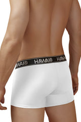 White havai briefs with black waistband featuring brand name made from microfiber in the color white