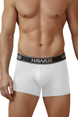 White Hawai microfiber boxer briefs with black waistband featuring white brand name lettering, style 41977 trunks