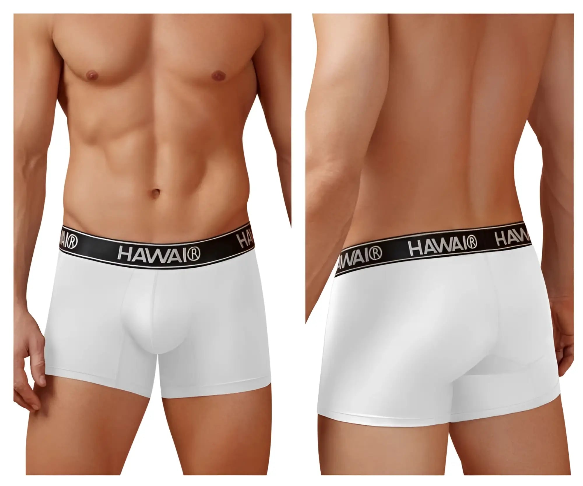 White hawaii brand microfiber boxer briefs with black elastic waistband and white lettering for comfortable wear