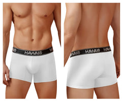 White hawaii brand microfiber boxer briefs with black elastic waistband and white lettering for comfortable wear