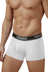 White microfiber men’s briefs with a black elastic waistband and hawaii brand name in white lettering