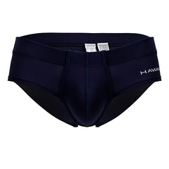 Navy blue microfiber swim trunks with subtle white Hawaii logo on the side in HAWAI 42241 microfiber briefs dark blue color
