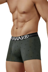 Dark green cotton blend boxer briefs with anchor pattern and black waistband featuring hawaii brand name military green