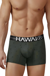 Dark green cotton blend boxer briefs with black waistband featuring white hawaii logo and anchor patterns military green