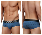 Blue hawaiian briefs in cotton blend with black hawai waistband and dark geometric pattern in blue quartz color