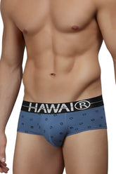 Blue hawaiian men’s cotton blend briefs in blue quartz with black waistband and white brand name featuring geometric patterns