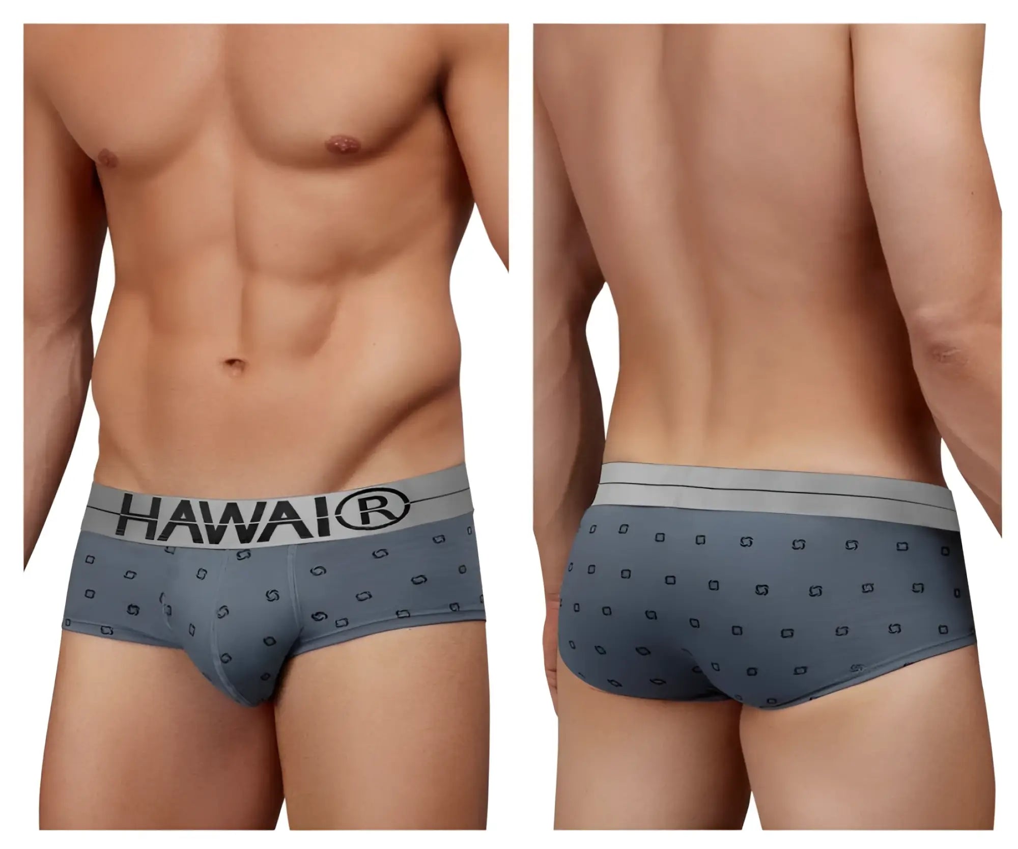 Gray hawaii 42531 cotton blend briefs with dark square patterns and a gray waistband featuring the hawai logo