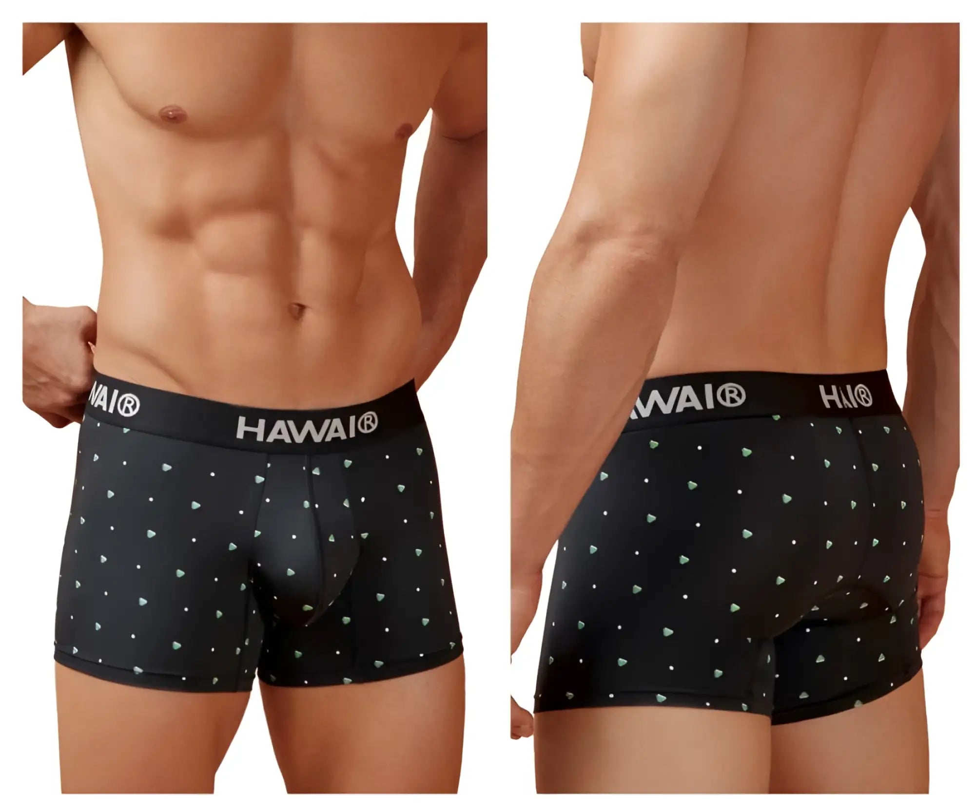 Black hawaiian microfiber boxer briefs with white triangle and dot pattern and logo on waistband color black