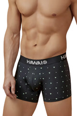 Black hawaiian microfiber men’s boxer briefs with white triangle and dot pattern and hawai logo waistband