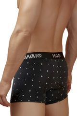 Black men’s microfiber boxer briefs in black with light green and white triangle pattern and hawai waistband