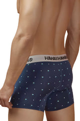 Navy blue hawaian 42570 microfiber boxer briefs with teal diamond pattern and white waistband for everyday comfort