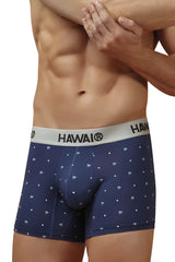 Navy blue hawaii 42570 microfiber trunks with white diamond and dot pattern and gray waistband branding