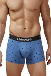 Blue Hawaiian men’s cotton blend boxer briefs in blue quartz with black palm tree prints and Hawaii logo waistband