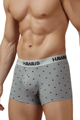 Gray hawai boxer briefs with subtle black palm tree pattern and branded elastic waistband in cotton blend trunks