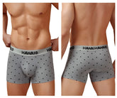 Gray hawaiian-themed men’s cotton blend boxer briefs with black palm tree prints and branded waistband