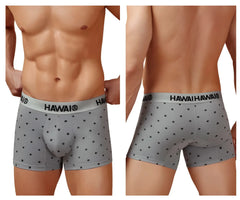 Gray hawaiian-themed men’s cotton blend boxer briefs with black palm tree prints and branded waistband