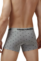 Gray cotton blend men’s boxer briefs with black palm tree pattern and hawaii hawai branding on waistband