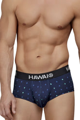 Navy blue hawai 42580 microfiber briefs with black waistband and white brand name lettering pattern