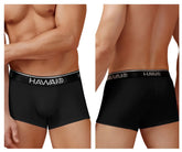 Black hawai brand men’s cotton blend trunks in black with contrasting white logo waistband showing front side