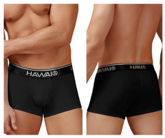 Black hawai brand men’s cotton blend trunks in black with contrasting white logo waistband showing front side