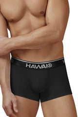 Black hawai 4986 cotton blend men’s briefs in black with a sleek elastic waistband featuring silver lettering and trim