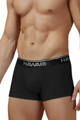Black hawaiian boxer briefs with gray elastic waistband featuring hawaii logo in white cotton blend trunks