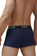 Navy blue Havaï branded boxer briefs in cotton blend with black elastic waistband and white lettering