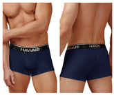 Navy blue hawai brand briefs with black elastic waistband and white lettering cotton blend trunks color dark blue 01