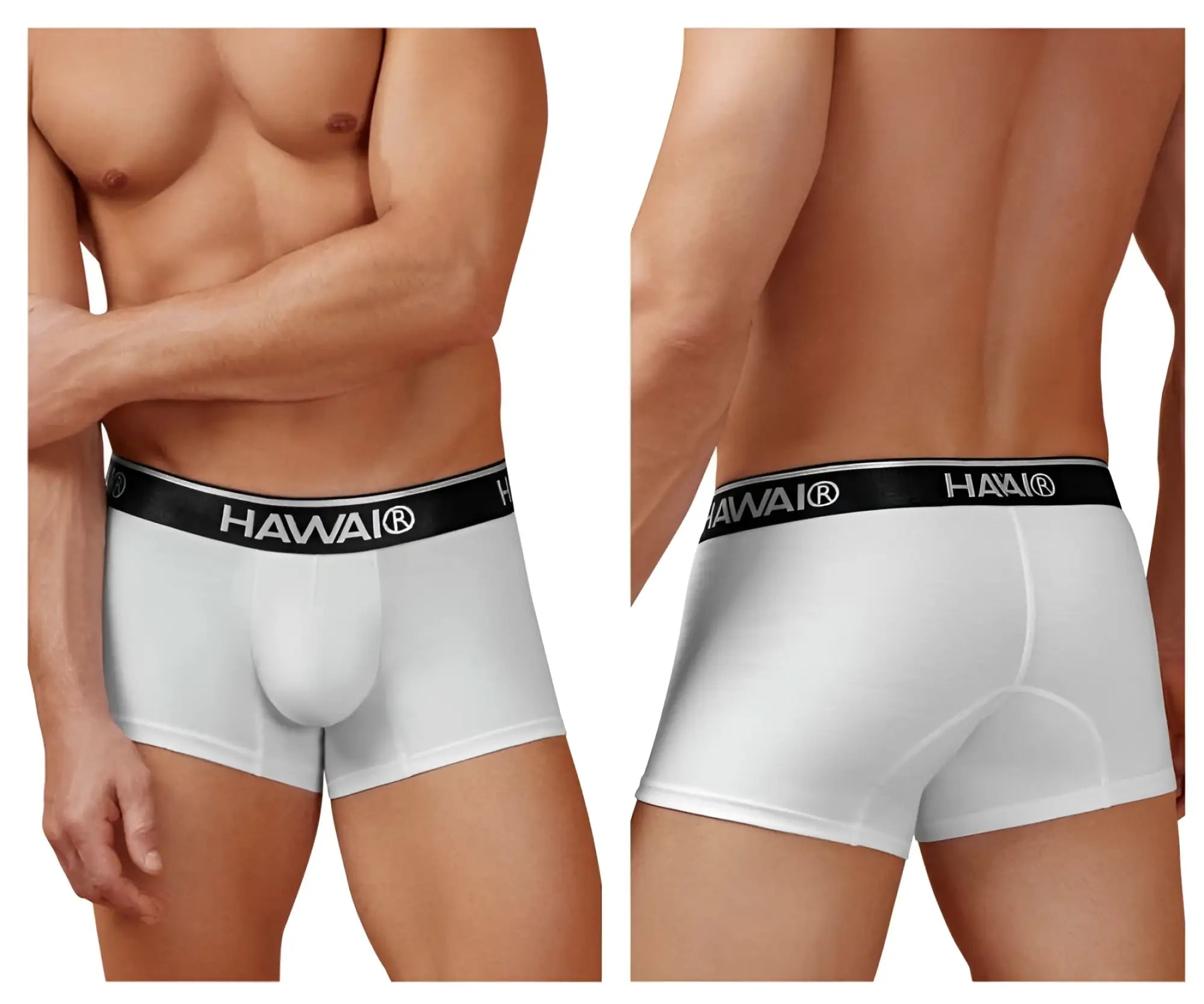 White hawai brand cotton blend briefs in white with black elastic waistband featuring white logo lettering