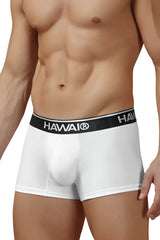White men’s cotton blend briefs with black elastic waistband featuring hawai brand name in white lettering