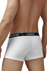 White men’s cotton blend briefs with black elastic waistband featuring hawai logo in white lettering color white
