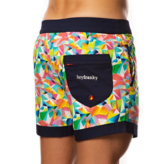 Hey Franky Circuit geometric beach shorts size 32 with vibrant multicolored patterns navy blue waistband and branded pocket