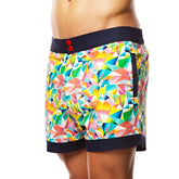 Vibrant hey franky circuit geometric beach shorts size 32 with navy blue waistband and bold red buttons