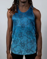 Blue hibiscus ombre print tank top featuring black outlined floral pattern perfect for casual summer wear